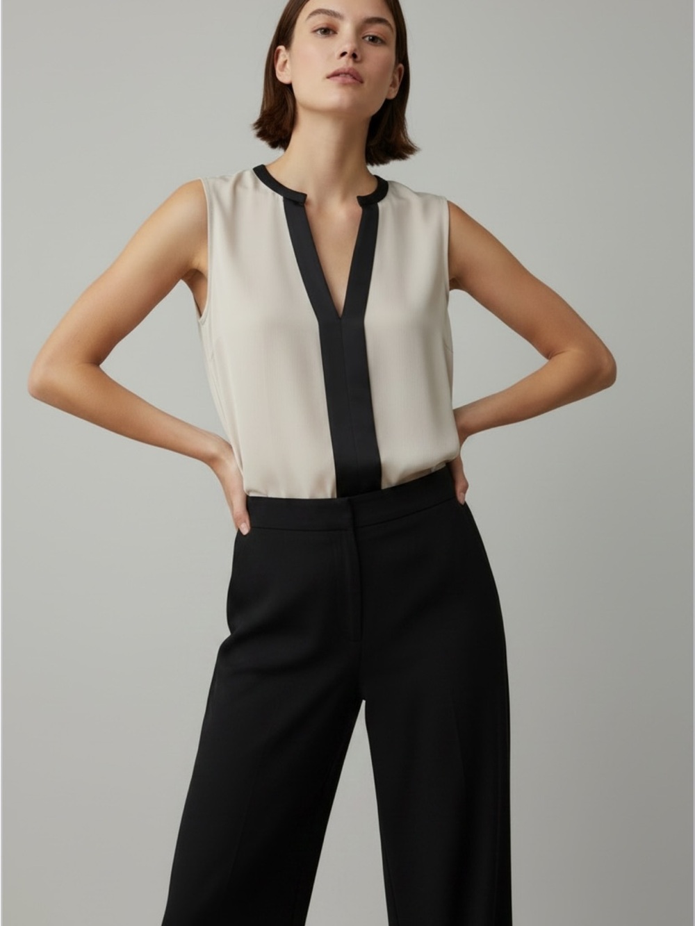 Kenneth Cole New York Cream Sleeveless V-Neck Blouse with Black Center Trim